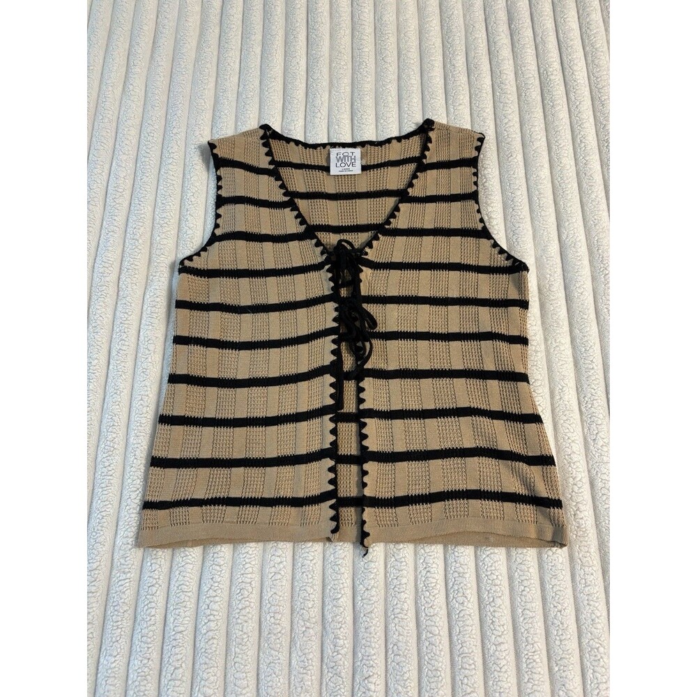 Striped Crochet Tie Front Sleeveless Sweater Vest Womens Large Brown Black